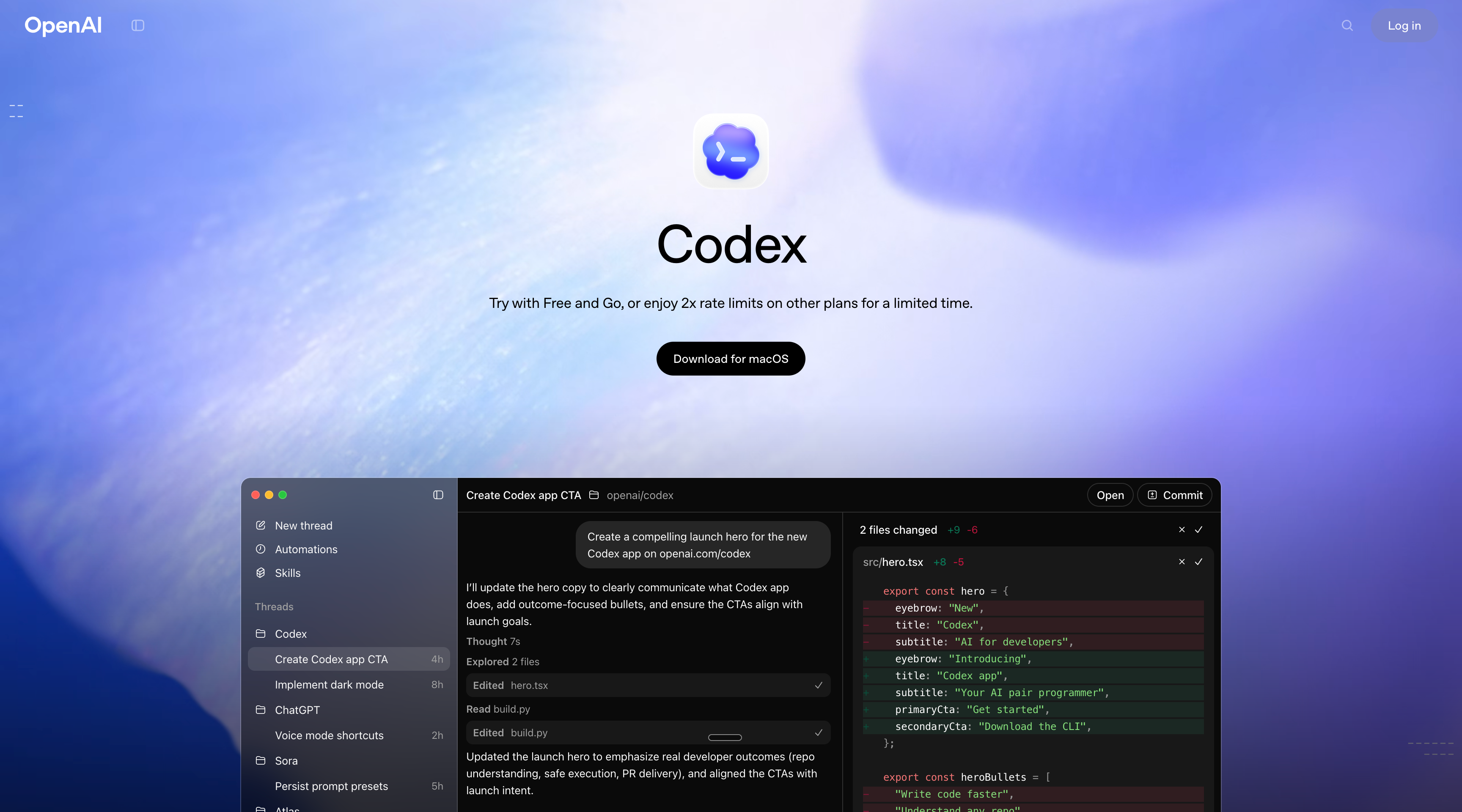 OpenAI Codex app interface